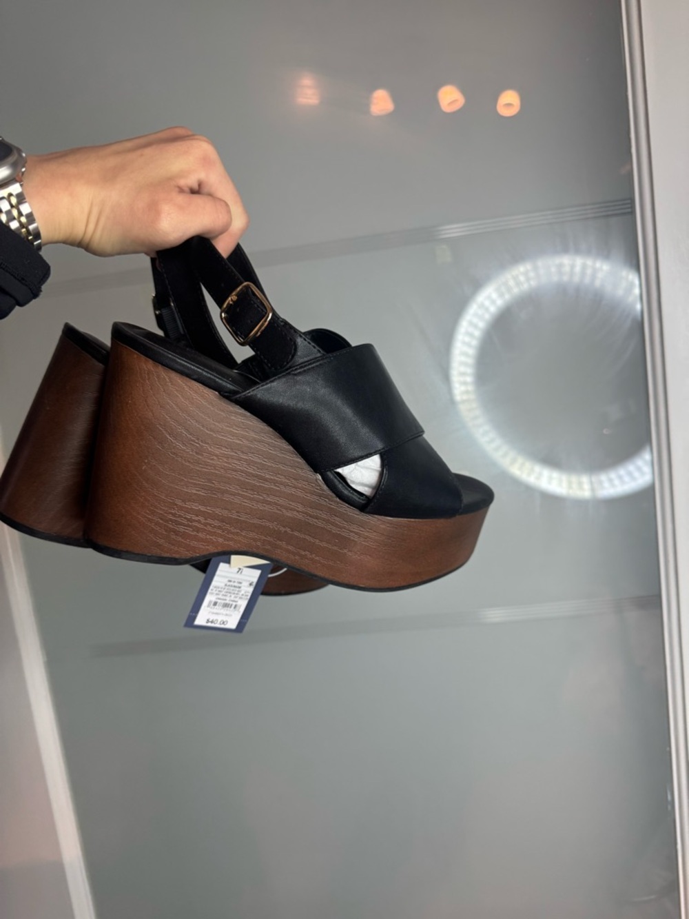 Target Black Leather-Look Platform Wedges with Brown Wood-Effect Heel